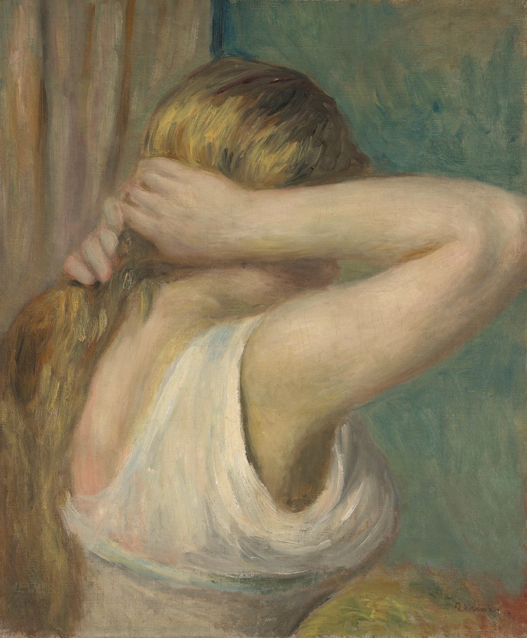 Ung flicka med höjda armar, ca 1895 (olja på duk) av Pierre Auguste Renoir