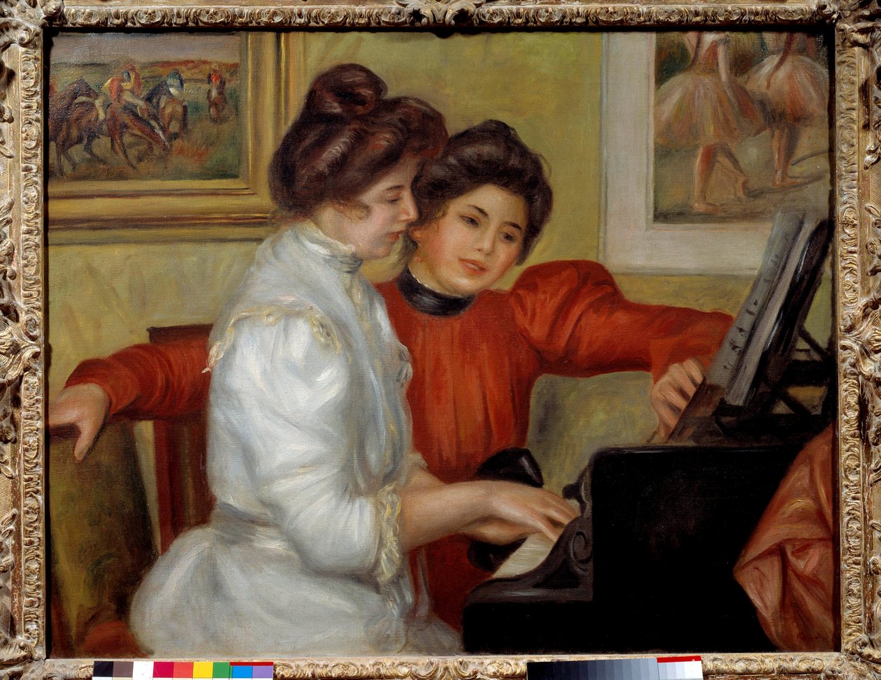 Yvonne och Christine Lerolle vid pianot Målning av Pierre Auguste Renoir (1841-1919) 1898 Sön. 0,73x0,92 m Paris, Orangeriemuseet - Yvonne och Christine Lerolle vid pianot. Målning av Pierre Auguste Renoir (1841-1919) 1898. 0,73 x 0,92 m. Orangeri M av Pierre Auguste Renoir