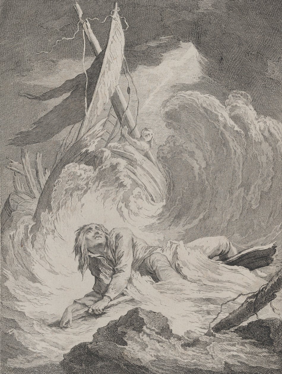 Lazarille på sin återkomst från Indien är skeppsbruten..., ca. 1717-60. av Pierre Aveline