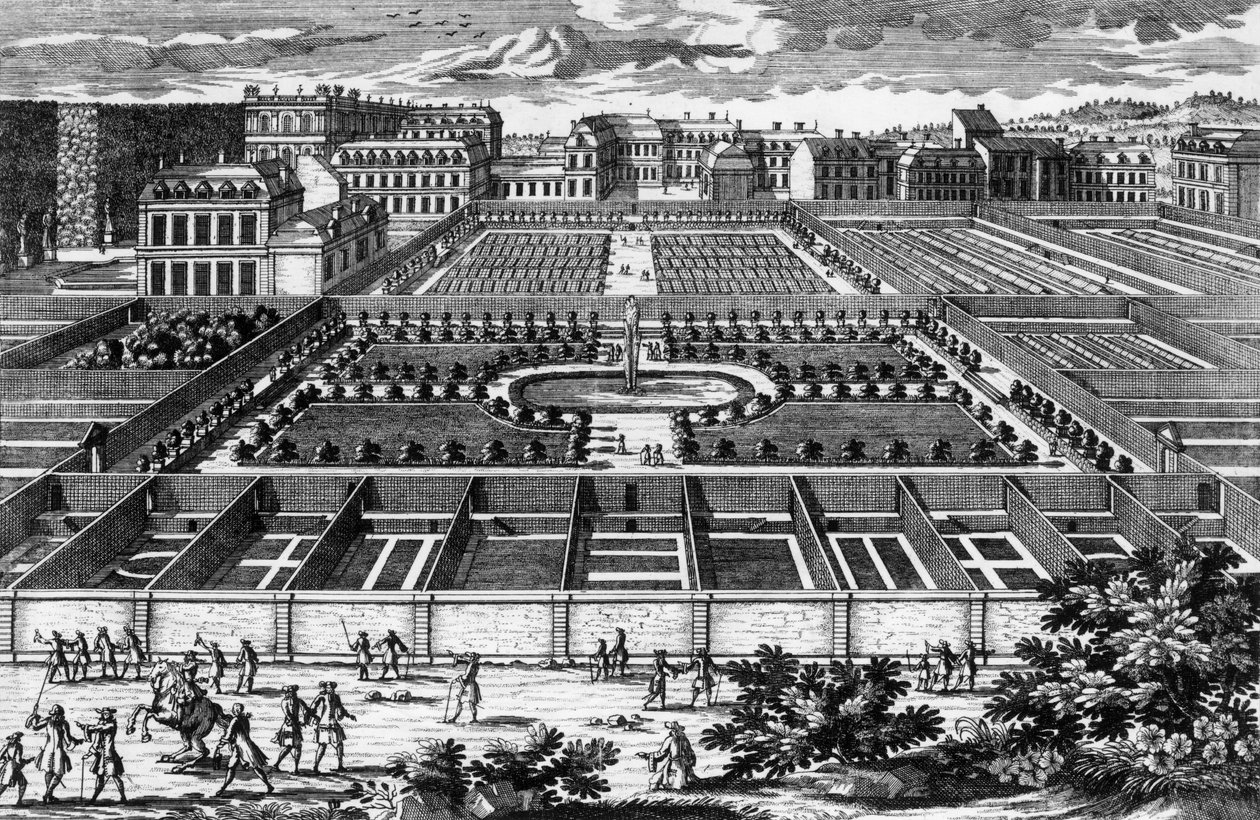 Vy över köksträdgården i Versailles vid tiden för Ludvig XIV, gravyr av Aveline av Pierre Aveline