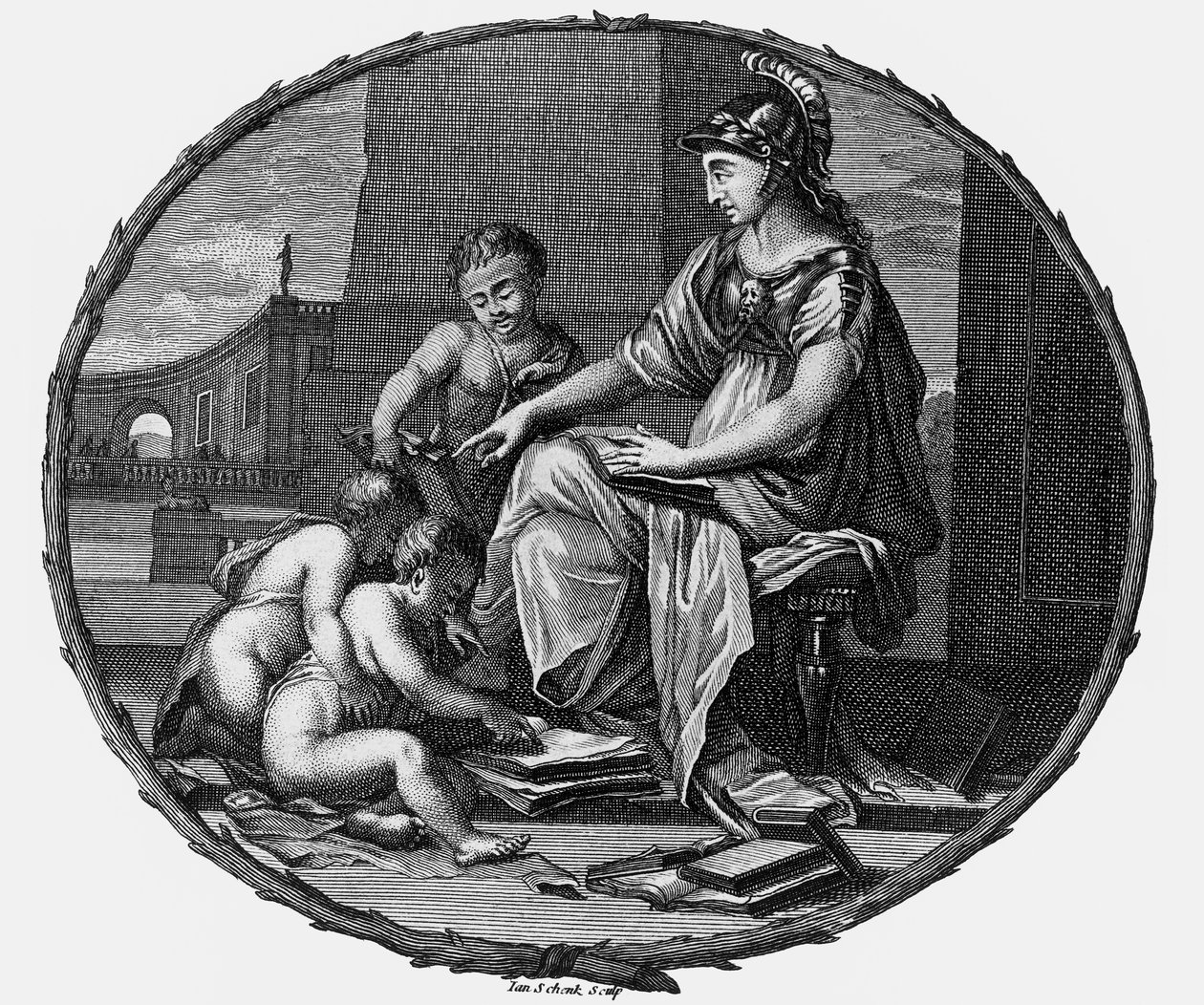 Kvinnlig allegori över förnuft och kreativitet omgiven av barn,1695-1697 (gravyr) av Pierre Bayle
