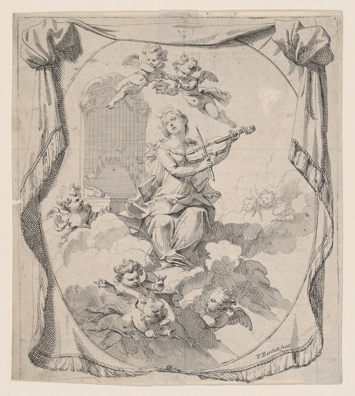 St. Cecilia på molnen upprätthålls av änglar, 1696., 1696. av Pierre Berchet