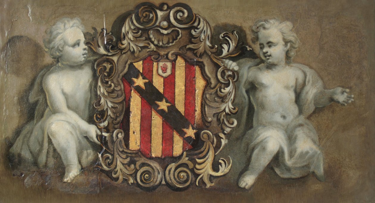 Två putti som stöder en kartusch med Elton-armarna, ca 1710-20 (olja på gips) av Pierre Berchet