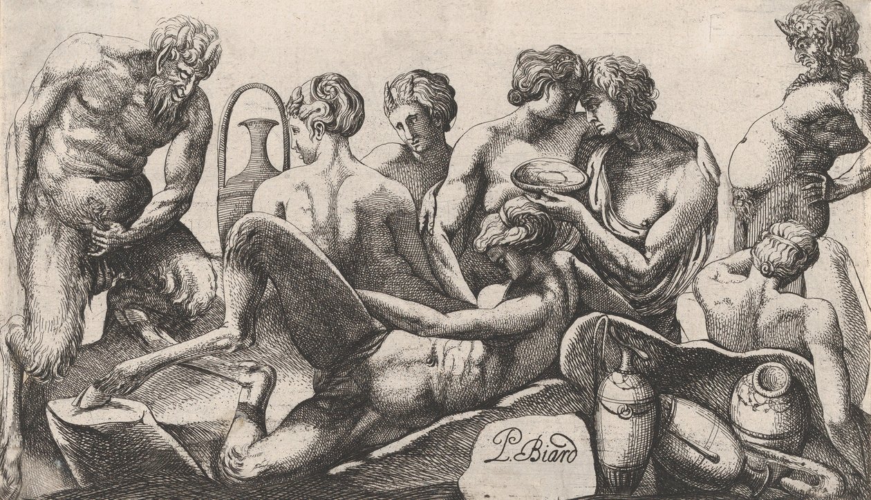 Åtta satyrer och satyrinnor som avslutar en måltid, 1607-61. av Pierre Biard