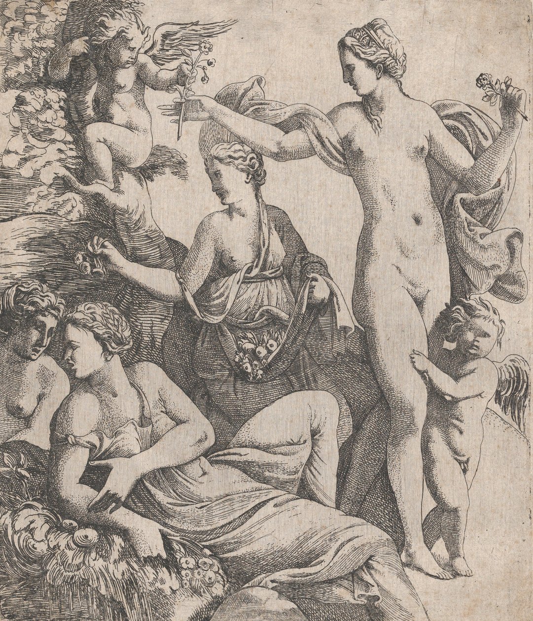 Venus, stående med de tre gracerna, erbjuds en blomma från en putto, 1607-61. av Pierre Biard