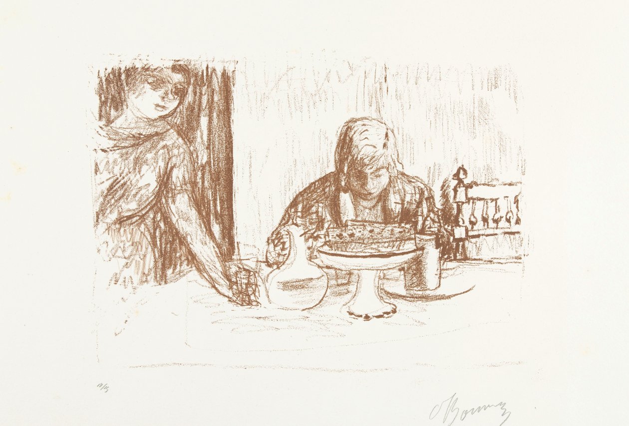 Man och kvinna vid ett dukat bord med skålar och karaff La coupe et le compotier av Pierre Bonnard (signed by artist)