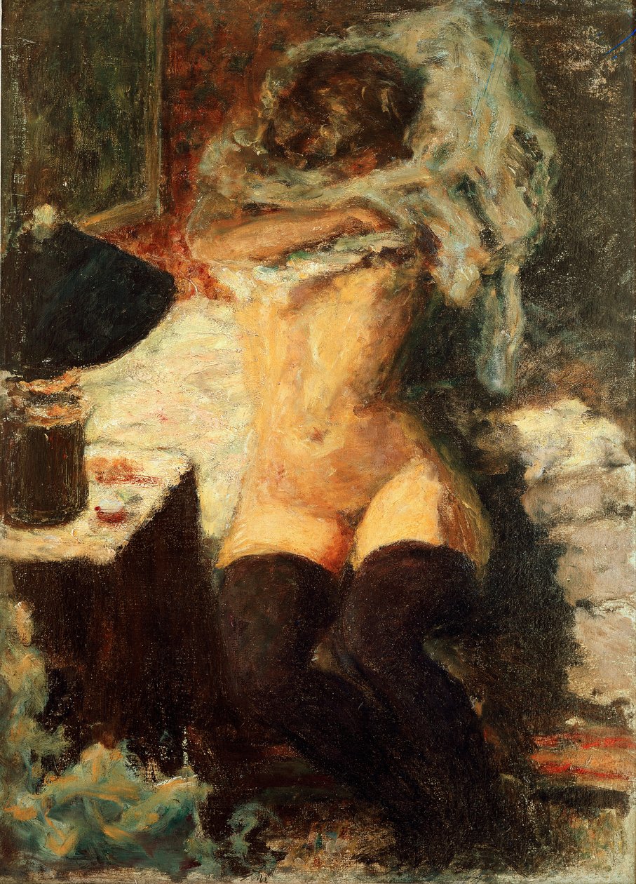 Svarta strumpor Kvinna som klär av sig. Målning av Pierre Bonnard (1867-1947) 1908 om Dim. 58x43 cm England, samling The Earl of Rosslyn av Pierre Bonnard