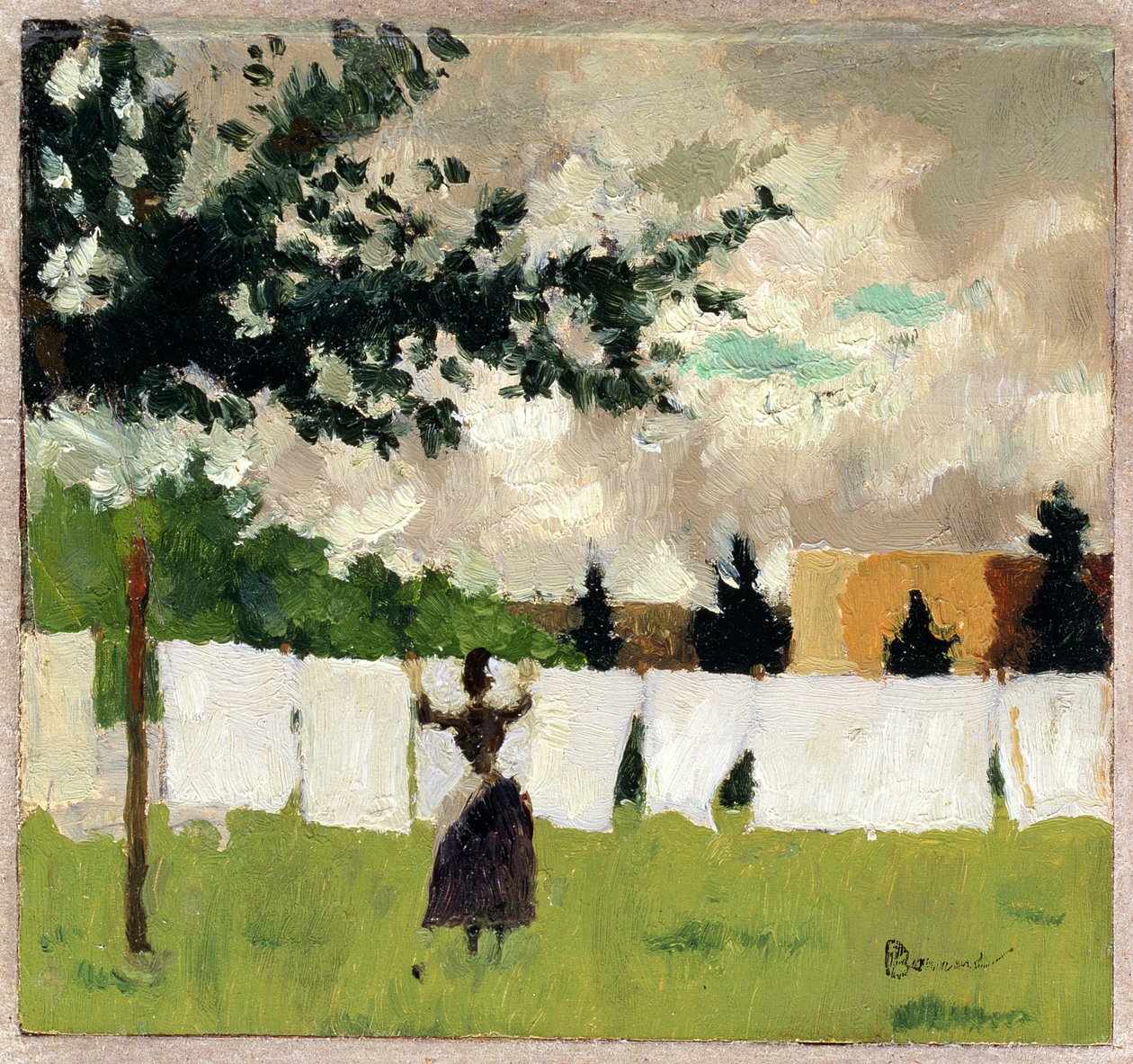 Kvinna som hänger kläder, ca 1892 (olja på papper på panel) av Pierre Bonnard