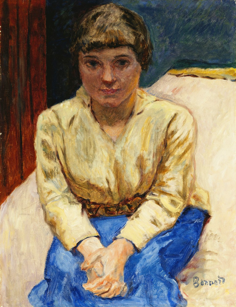 Flicka sitter, med händerna i kors; Young Girl Seated, Les Mans Croisees, ca 1916 (olja på duk) av Pierre Bonnard