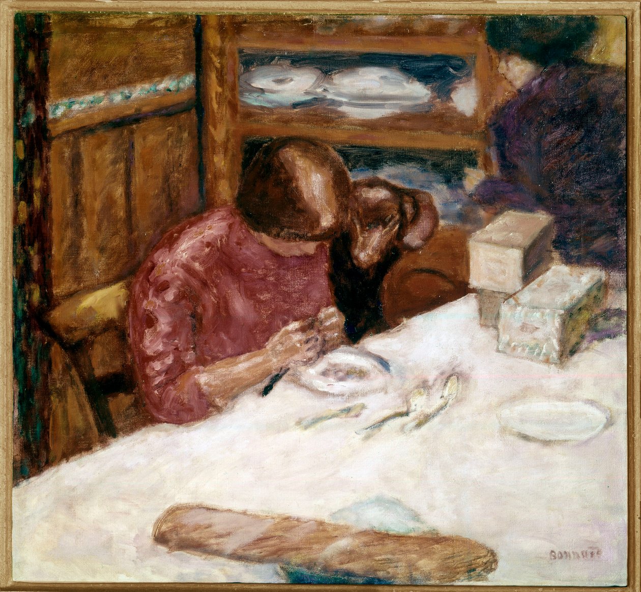 Interiör Kvinna upptagen med inhemska fläckar. Målning av Pierre Bonnard (1867-1947) 1914 Privat samling av Pierre Bonnard