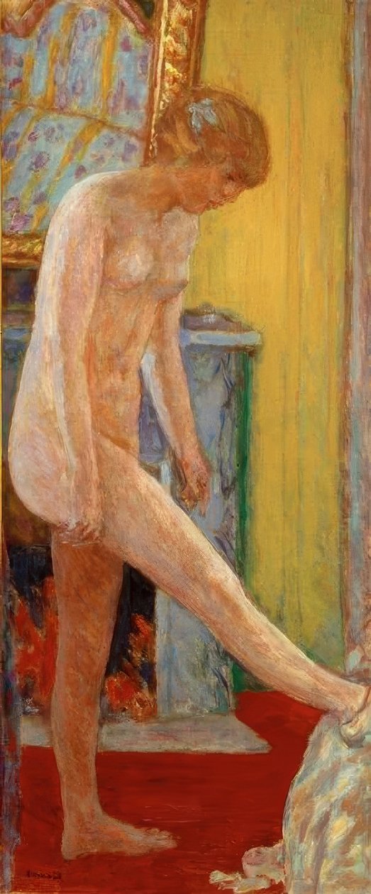 Naken flicka framför den öppna spisen av Pierre Bonnard