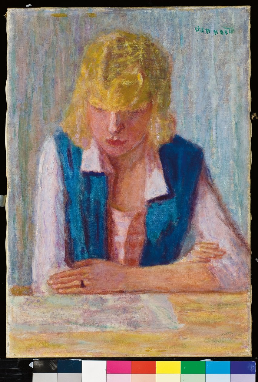 Blondinen i den blå västen av Pierre Bonnard