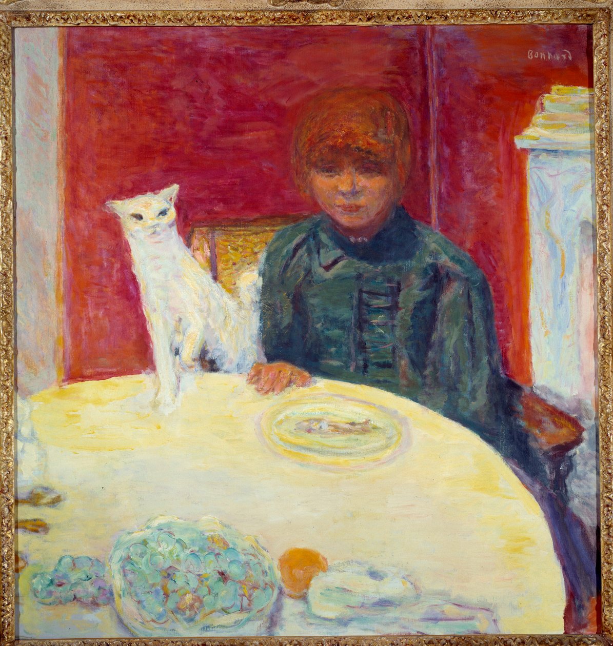 La woman au chat ou le chat krävande Målning av Pierre Bonnard (1867-1947) 1900-talets sön. 0,78x0,77 m Paris, musee d