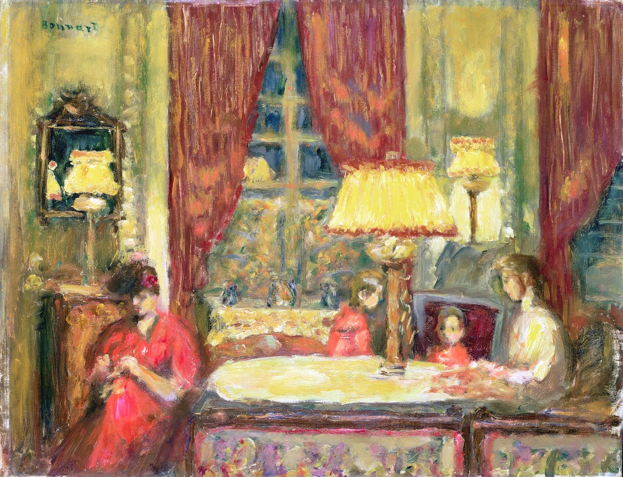 Lampupplyst interiör med figurer (olja på duk) av Pierre Bonnard