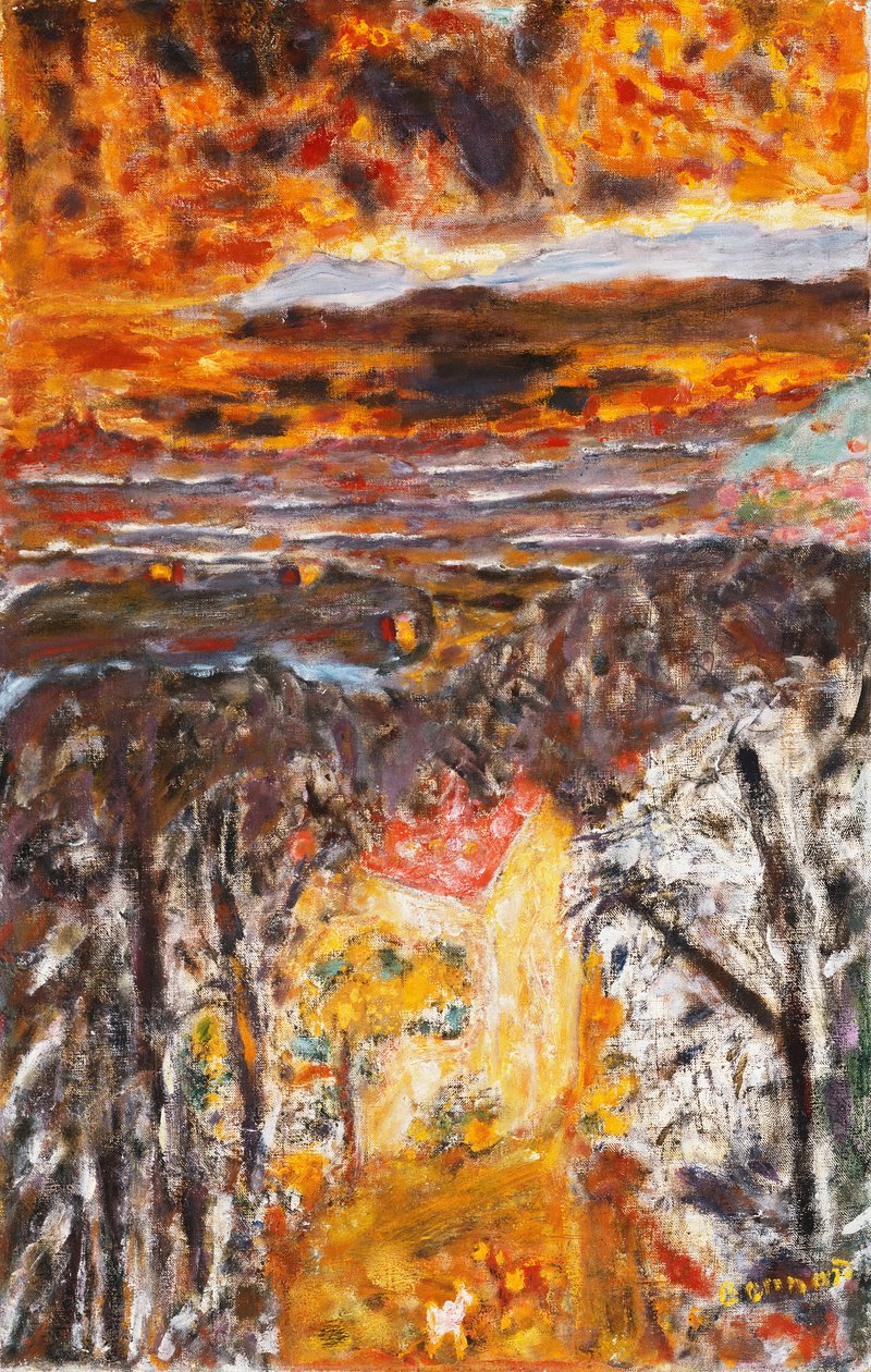 Landskap, det rosa huset, solnedgång; Landskap, Det rosa huset, solnedgång, ca 1934 (olja på duk) av Pierre Bonnard