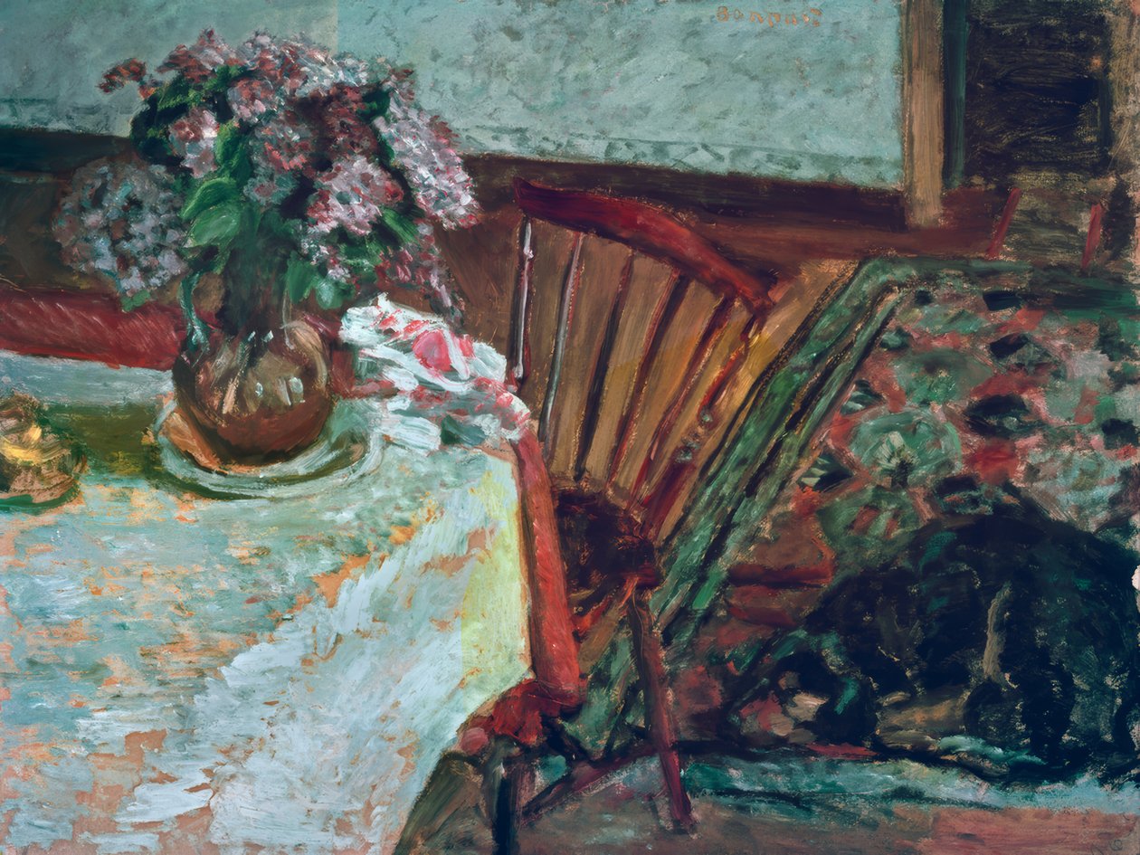 Den svarta hunden och lilabuketten av Pierre Bonnard