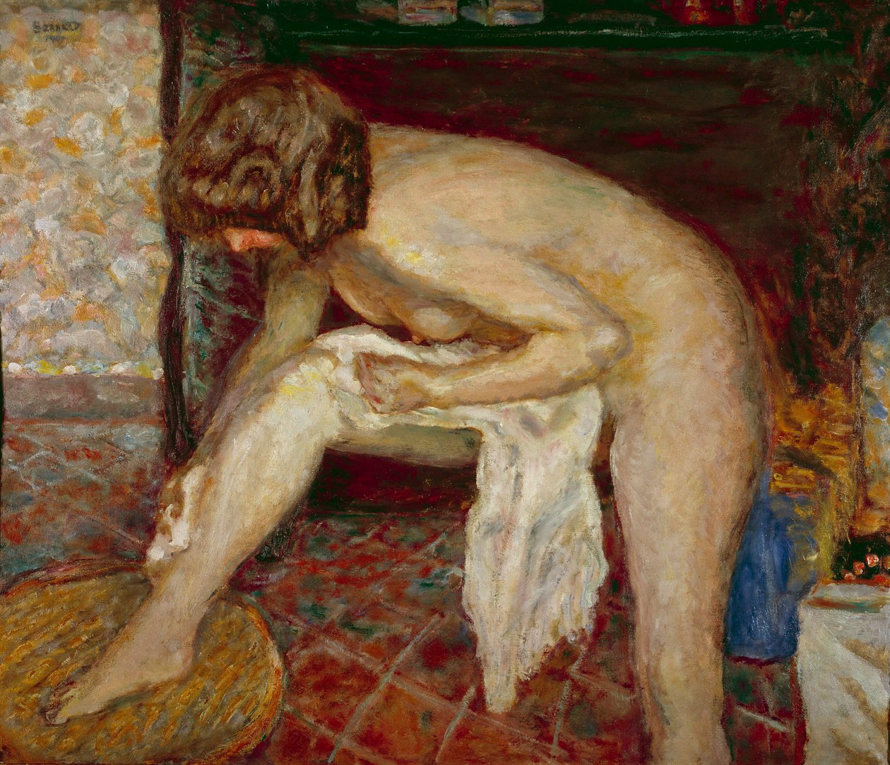 Naken har sin toalett framför brasan Målning av Pierre Bonnard (1867-1947) 1907 Privat samling av Pierre Bonnard