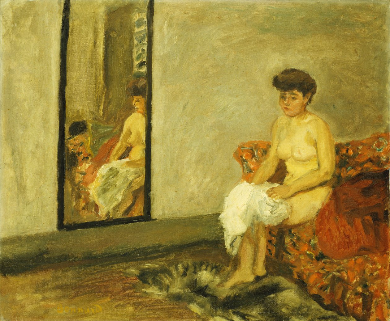 Naken sitter på en röd stol; Naken sittande i en röd stol av Pierre Bonnard