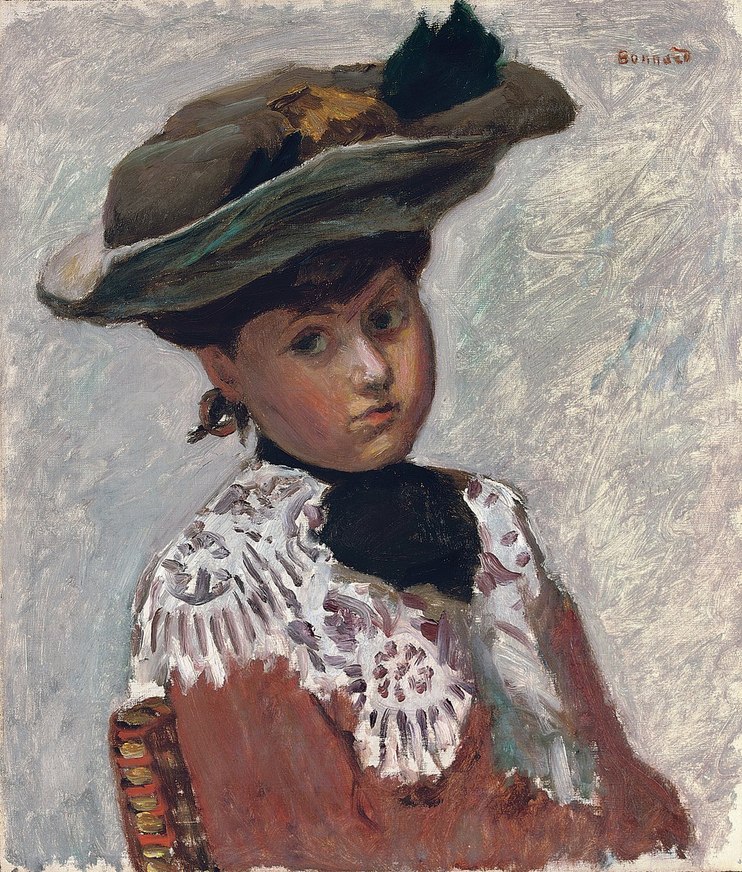 Porträtt av en ung kvinna eller hatten; Portrait of a Young Woman (The Hat), c.1905 (olja på duk nedlagd ombord) av Pierre Bonnard
