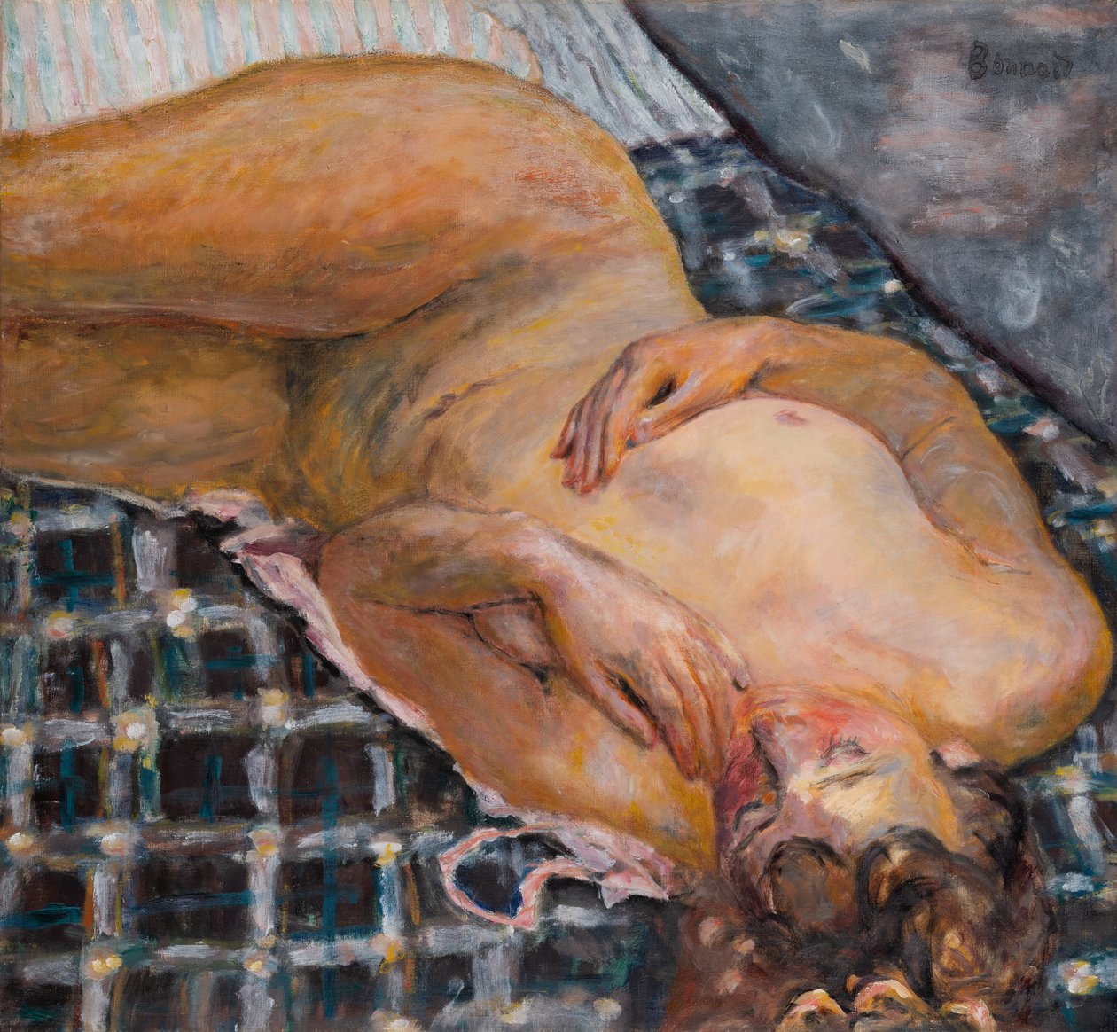 Liggande naken mot en vit och blå pläd, ca 1909 (olja på duk) av Pierre Bonnard