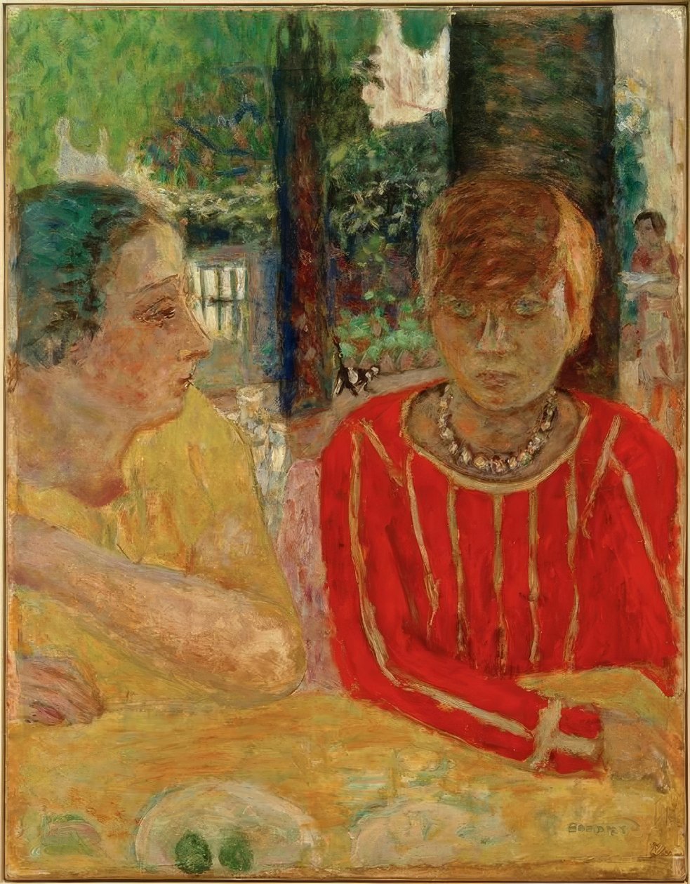 Drottning Natanson och Marthe Bonnard i rött livstycke av Pierre Bonnard