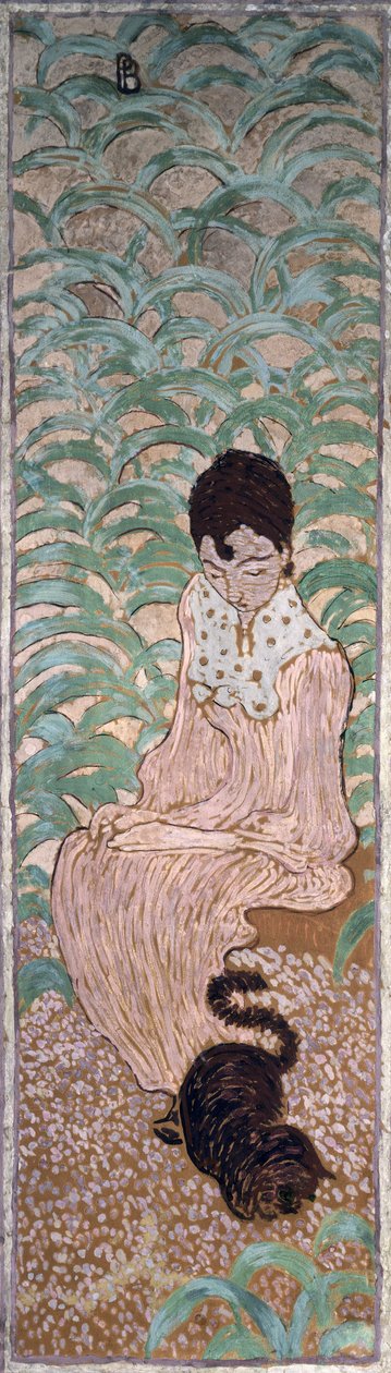 Sittande kvinna med en katt, en av fyra paneler av Women in the Garden, 1891 (olja på papper på duk) av Pierre Bonnard