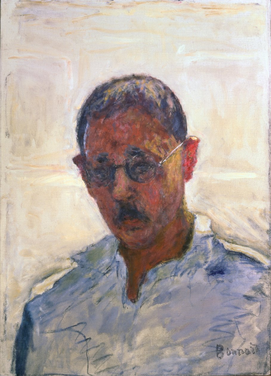 Självporträtt på vit bakgrund med skjorta med öppen hals (olja på duk) av Pierre Bonnard
