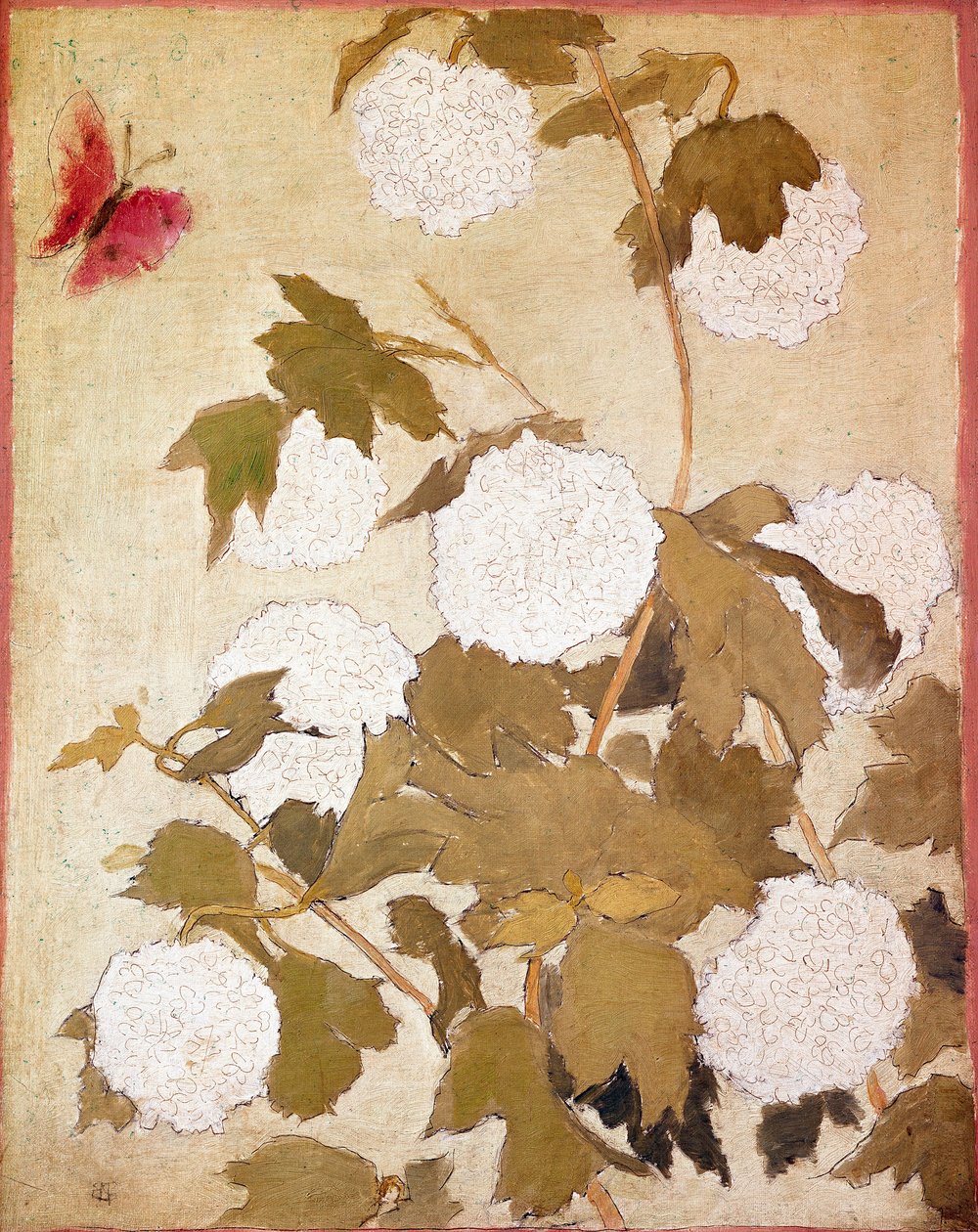 Snöbollar Blommor Snöbollar (Viburnum Ob) och röd fjäril. Målning av Pierre Bonnard (1867-1947) Samling P. M. Samuel av Pierre Bonnard