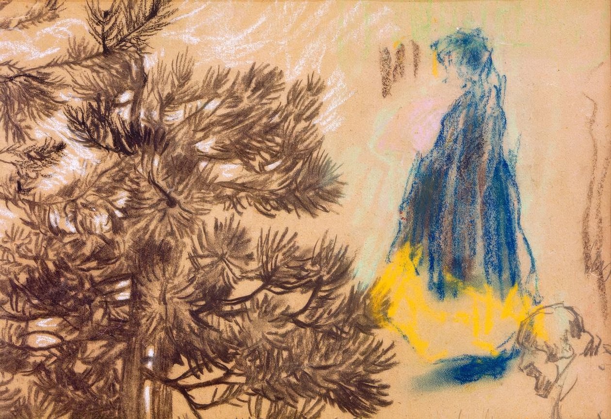 Studieblad: barrträd, flicka i huva, porträtt av en man av Pierre Bonnard