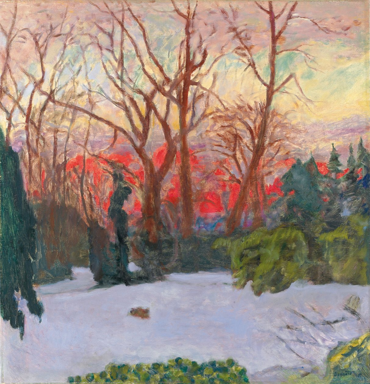 Trädgården under snö, solnedgång; The Garden in the Snow, Sunset Sun, c.1910 (olja på duk) av Pierre Bonnard