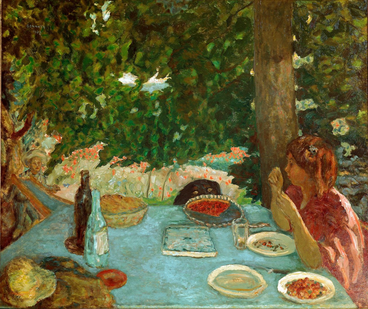 Körsbärspajen Ung kvinna som sitter har ett bord i en trädgård. Målning av Pierre Bonnard (1867-1947) 1908 Dim. 115x126 cm Zürich, Samling Peter Nathan av Pierre Bonnard