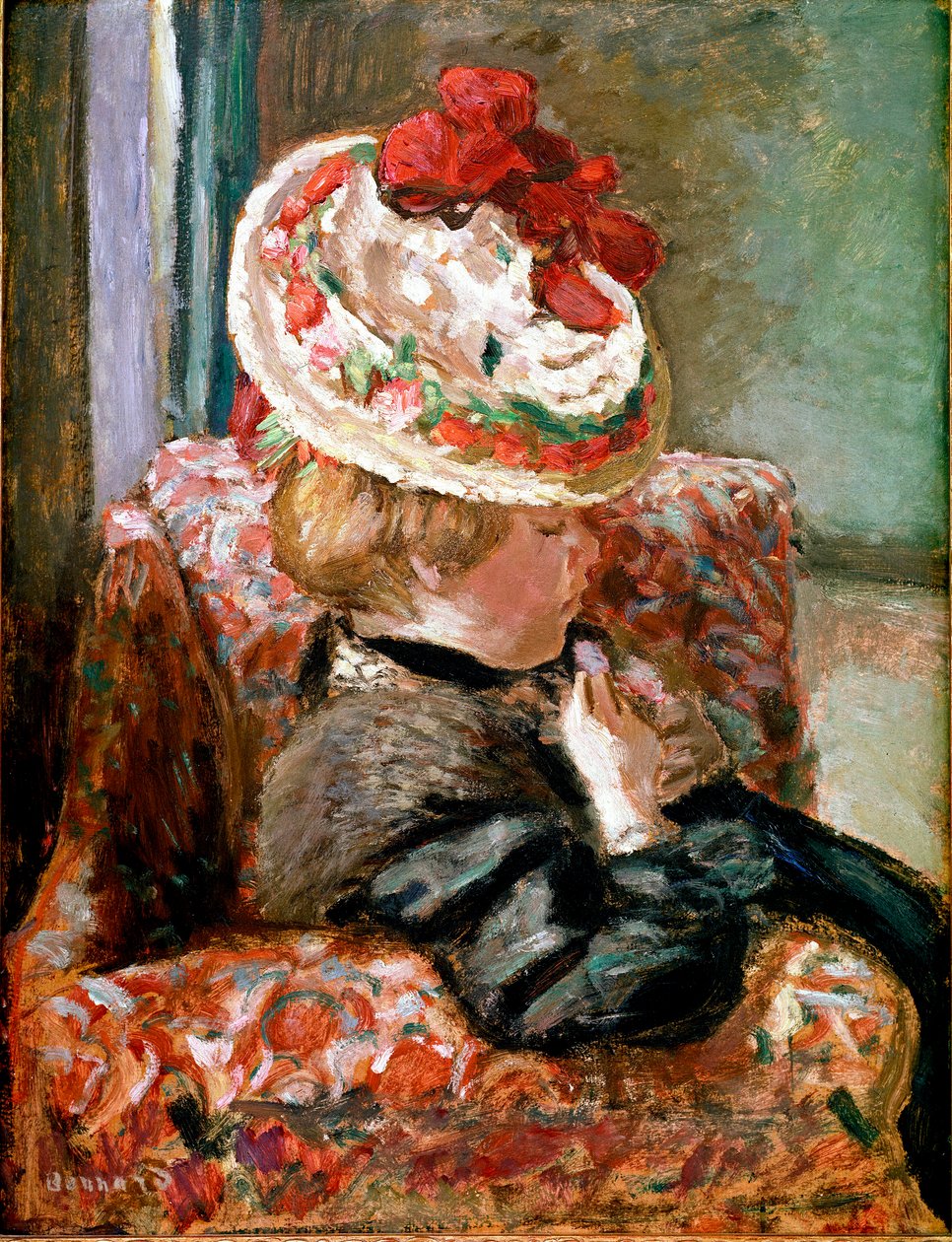 Stråhatten Kvinna som sitter på en blomsoffa. Målning av Pierre Bonnard av Pierre Bonnard