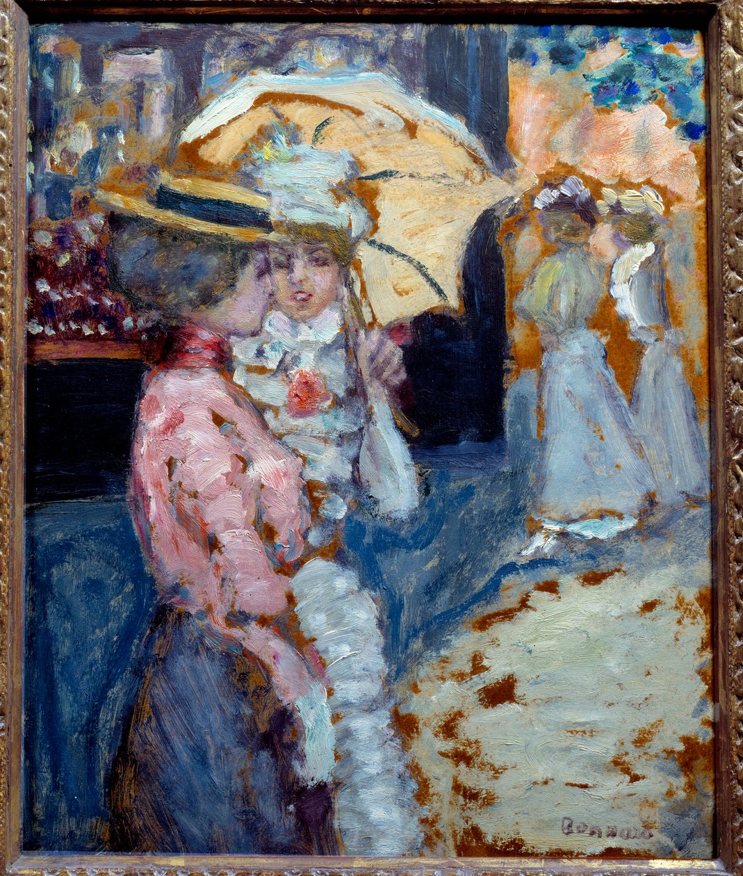 Promenaden Två eleganta unga kvinnor klädda i mode Belle Epoque pratar under sitt paraply. Målning av Pierre Bonnard (1867-1947) 1900 sön. 0,38x0,21 m Privat samling av Pierre Bonnard