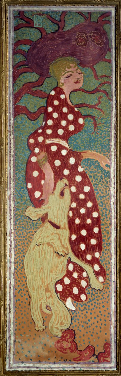 Kvinna i klänning med vita prickar Målning av Pierre Bonnard (1867-1947) 1891 Dim. 1,6x0,48 m Paris, musee d