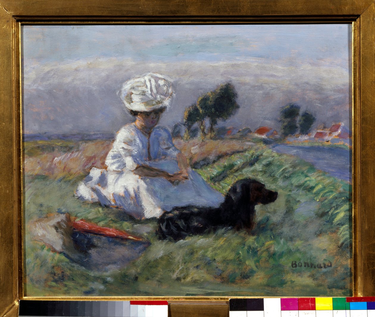 Kvinna med hund (olja på duk) av Pierre Bonnard