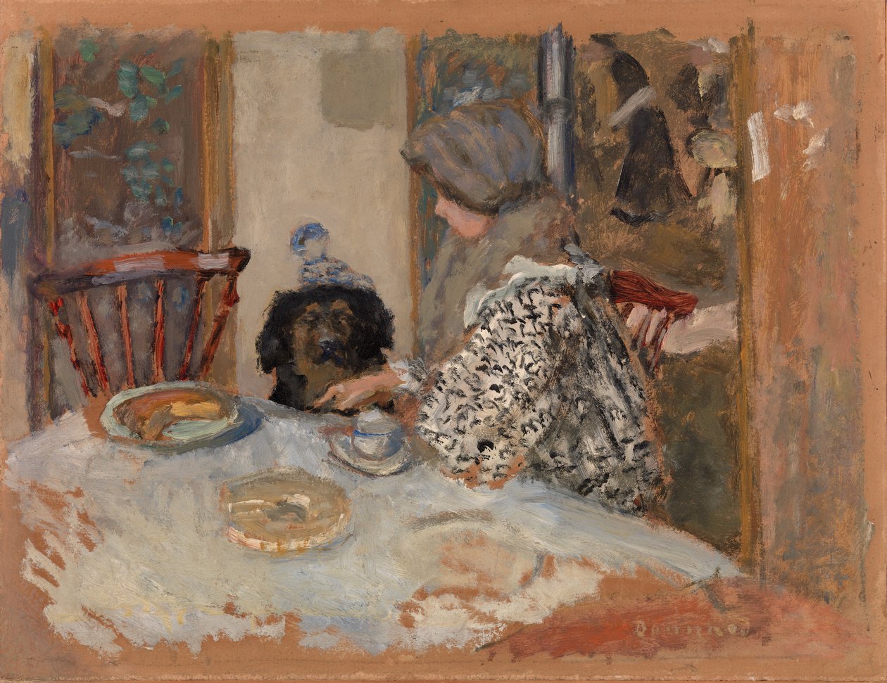 Kvinna med hund, eller Kvinna och hund vid bordet av Pierre Bonnard