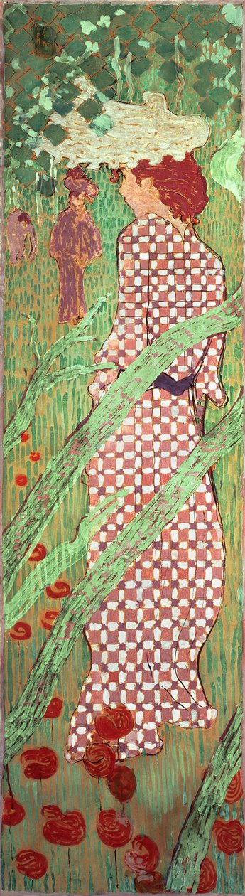 Kvinna med rutig klänning, en av fyra paneler av Women in the Garden, 1891 (olja på papper på duk) av Pierre Bonnard