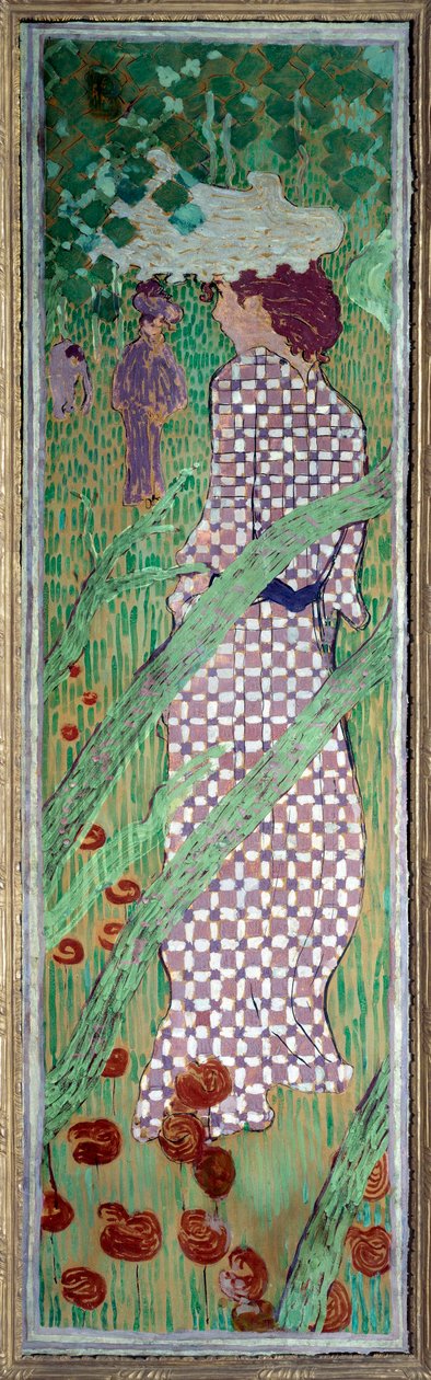 Kvinna med kvadrilleklänning Målning av Pierre Bonnard (1867-1947) 1891 Dim. 1,6x0,48 m Paris, musee d