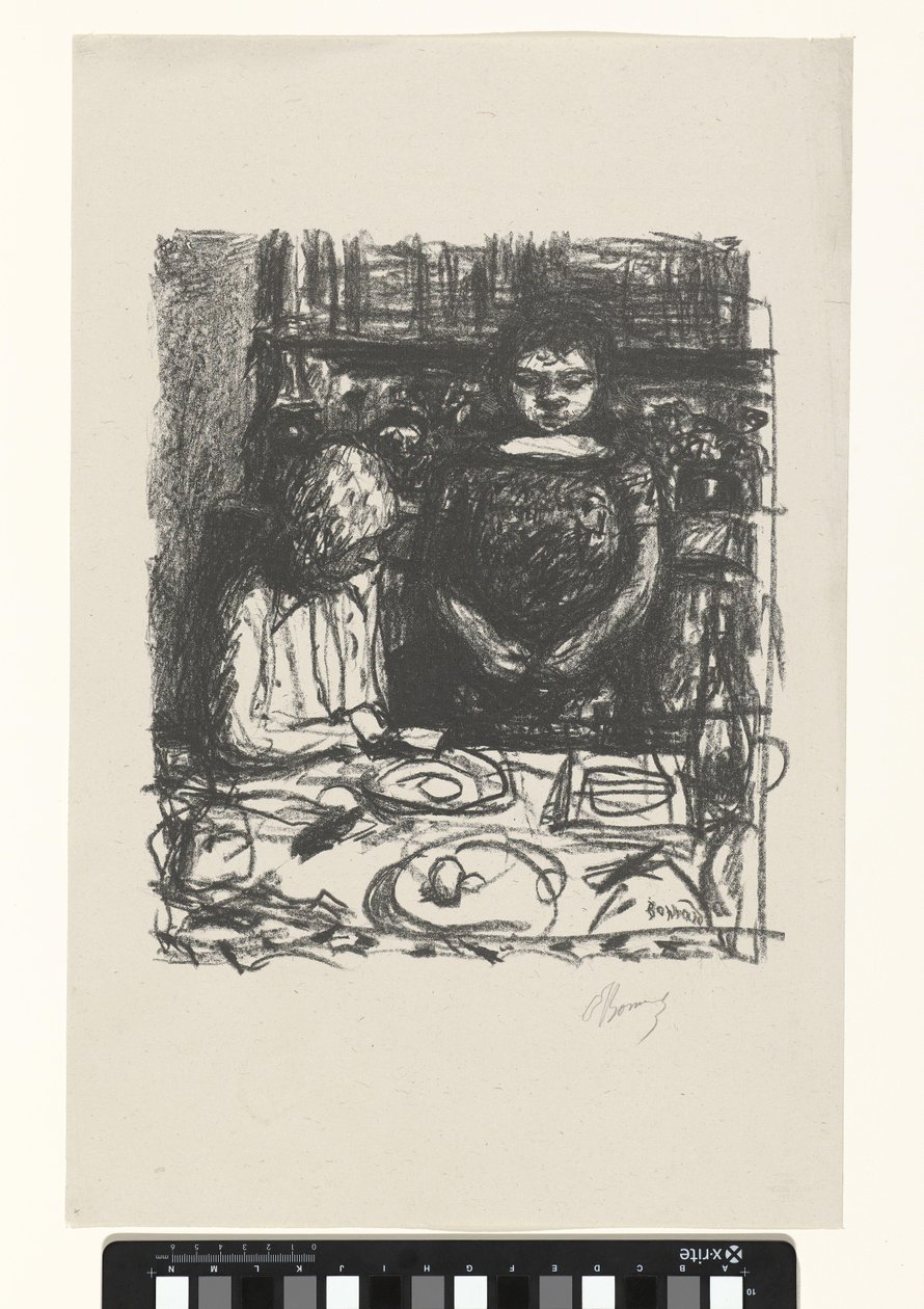 Sittande man vid bordet med måltid och stående kvinna Le Menu av Pierre Bonnard