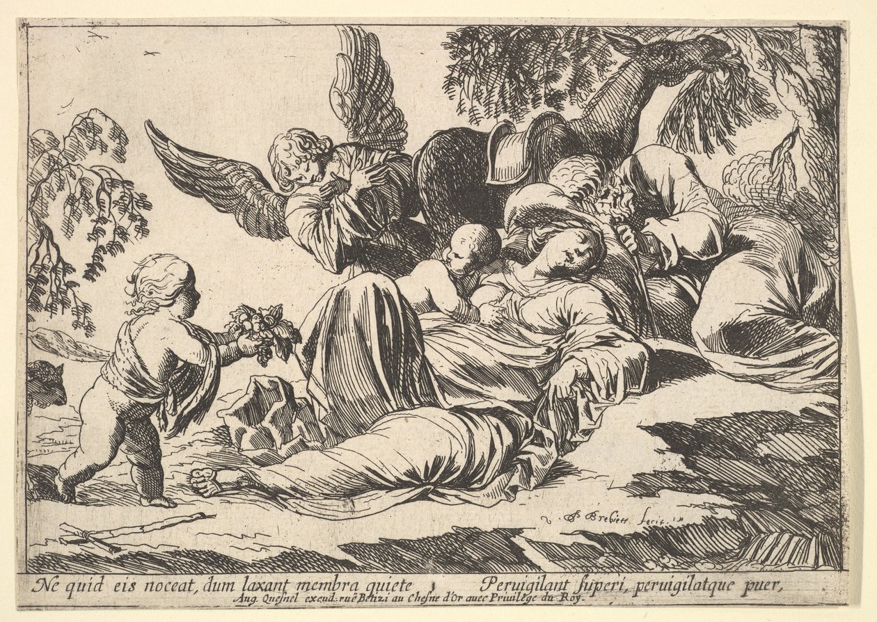 Änglar som ger frukt till den sovande heliga familjen, 1610-42. av Pierre Brebiette