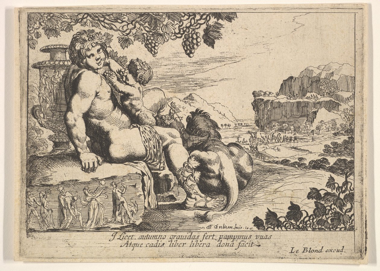 Bacchus, Satyr och Lejon, 1610-42. av Pierre Brebiette