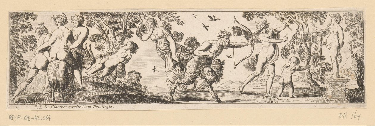 Satyr skjuter en pil mot en staty av Bacchus medan Merkurius tittar på av Pierre Brebiette