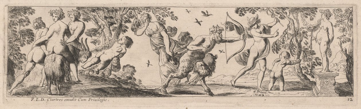 Satyr och Merkurius skjuter mot en staty av Pierre Brebiette