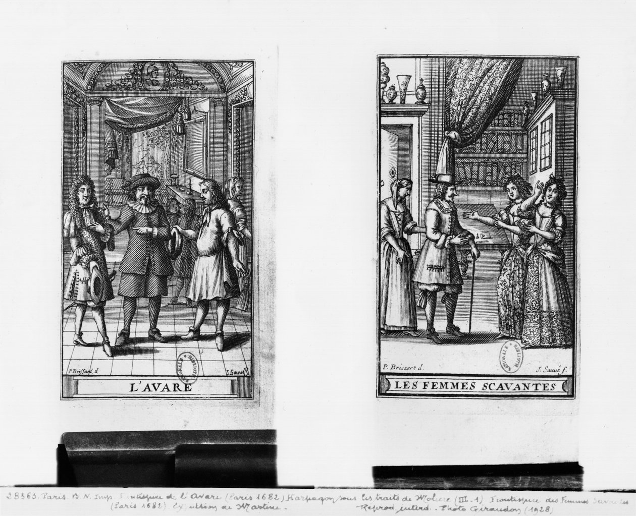 Moliere som Harpagon, frontispice till "The Miser", 1668, och frontispice till "Learned Ladies", 1672, av Moliere (1622-73) graverad av Jean Sauve (fl.1660-91) publicerad i Paris 1682 (b av Pierre Brissart
