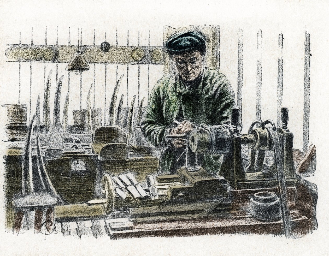 En elfenbensarbetare som täljer elefantbetar på jobbet i sin verkstad och arbetar med elefantförsvar (Elfenbensarbetare som täljer elefantbetar) Gravyr från "" Excursion a travers les metiers" av Pierre Calmette Collection privee av Pierre Calmettes