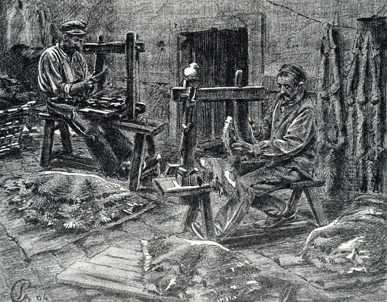 Hantverkare som köttar fårskinn Gravyr från "Excursion a travers les metiers" av Pierre Calmette Private Collection av Pierre Calmettes