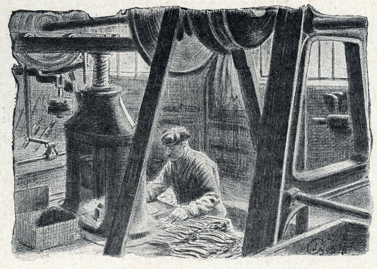 Bestickstämpling med kvarn Gravyr från "Excursion a travers les metiers" av Pierre Calmette Private Collection av Pierre Calmettes