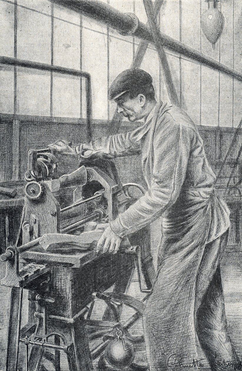 Skärning av gevärskolvar i en vapenfabrik Gravyr från Pierre Calmettes privata samling av Pierre Calmettes