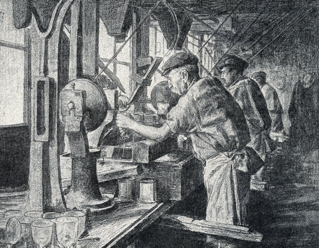Skärningsverkstad vid kristallglastillverkningen i Sevres nära Paris Gravyr från "Excursion a travers les metiers" av Pierre Calmette Private Collection av Pierre Calmettes