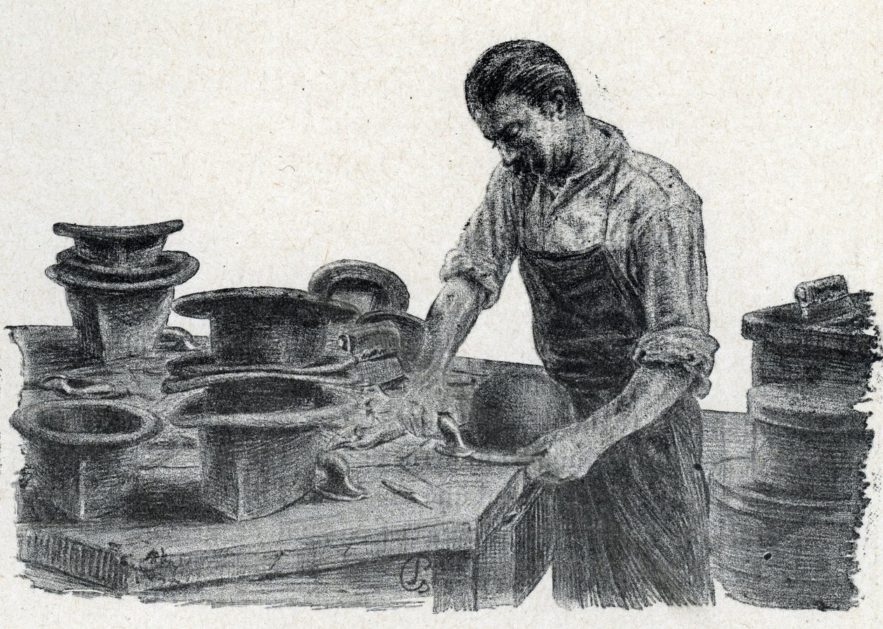 Hattmakare: överbryggning av kanterna på en bowlerhatt (gör en bowlerhatt) Gravyr från "Excursion through the trades" av Pierre Calmette Private Collection av Pierre Calmettes